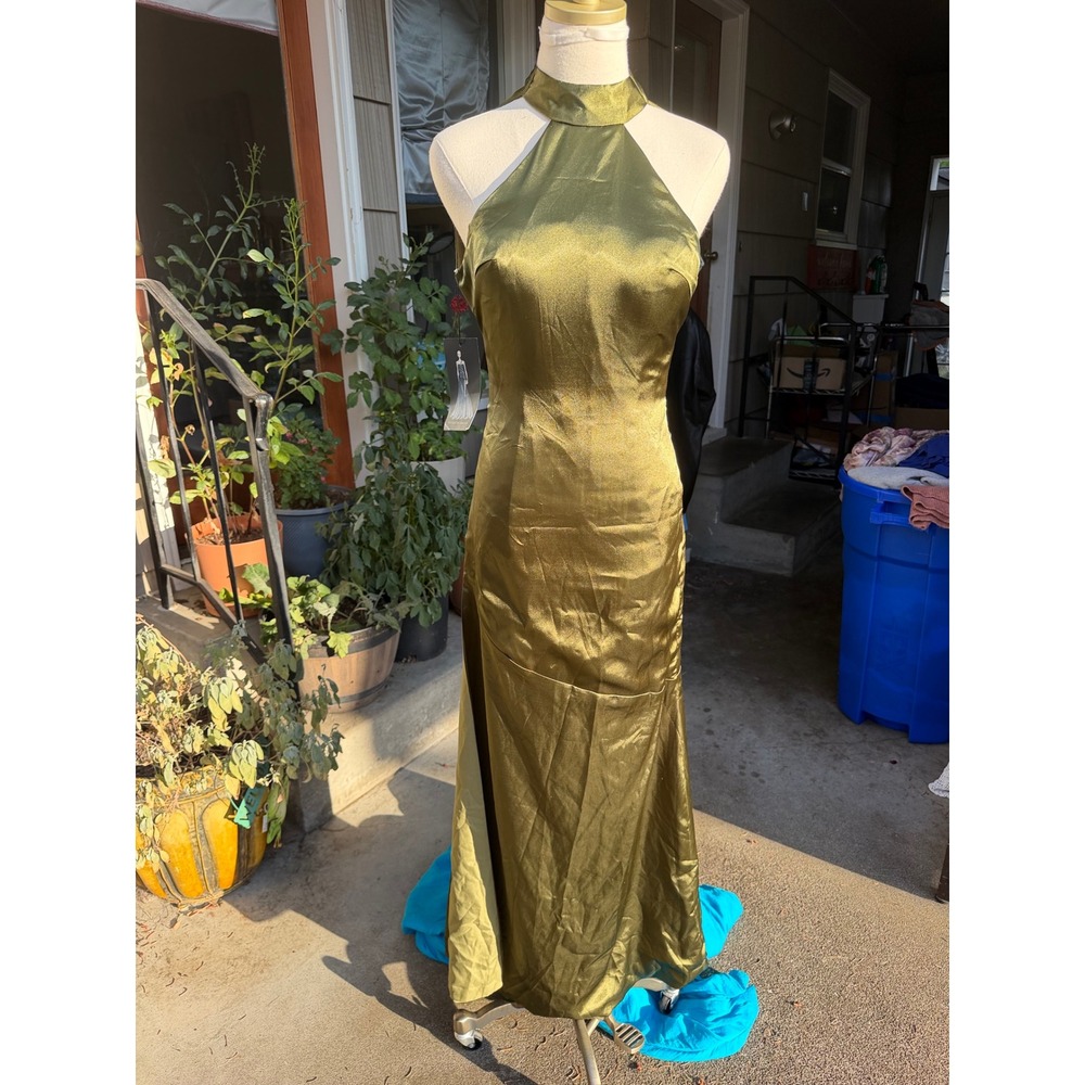 Olive Green Satin Halter Maxi Gown Sz 4 High Neck Backless Slit Prom Bridesmaid